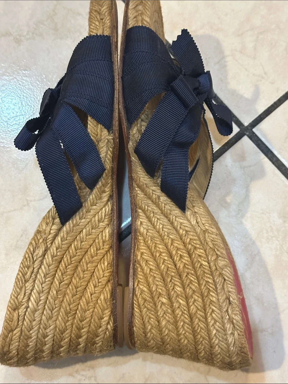 Christian Louboutin Navy Bow Rope Wedge Slides used in good condition